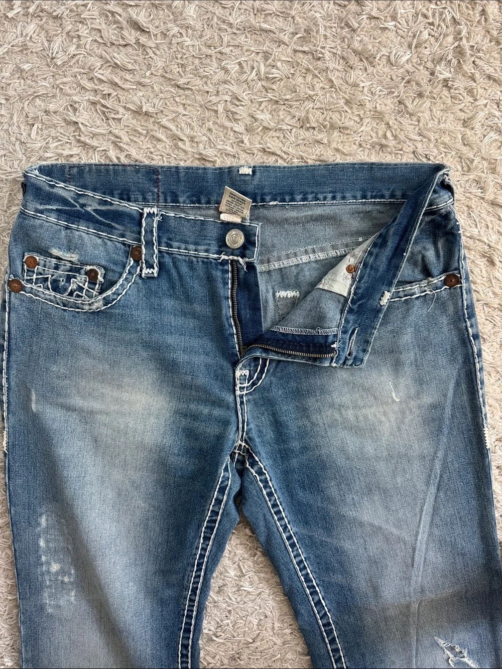 True Religion vintage faded blue bootcut denim jeans- distressed